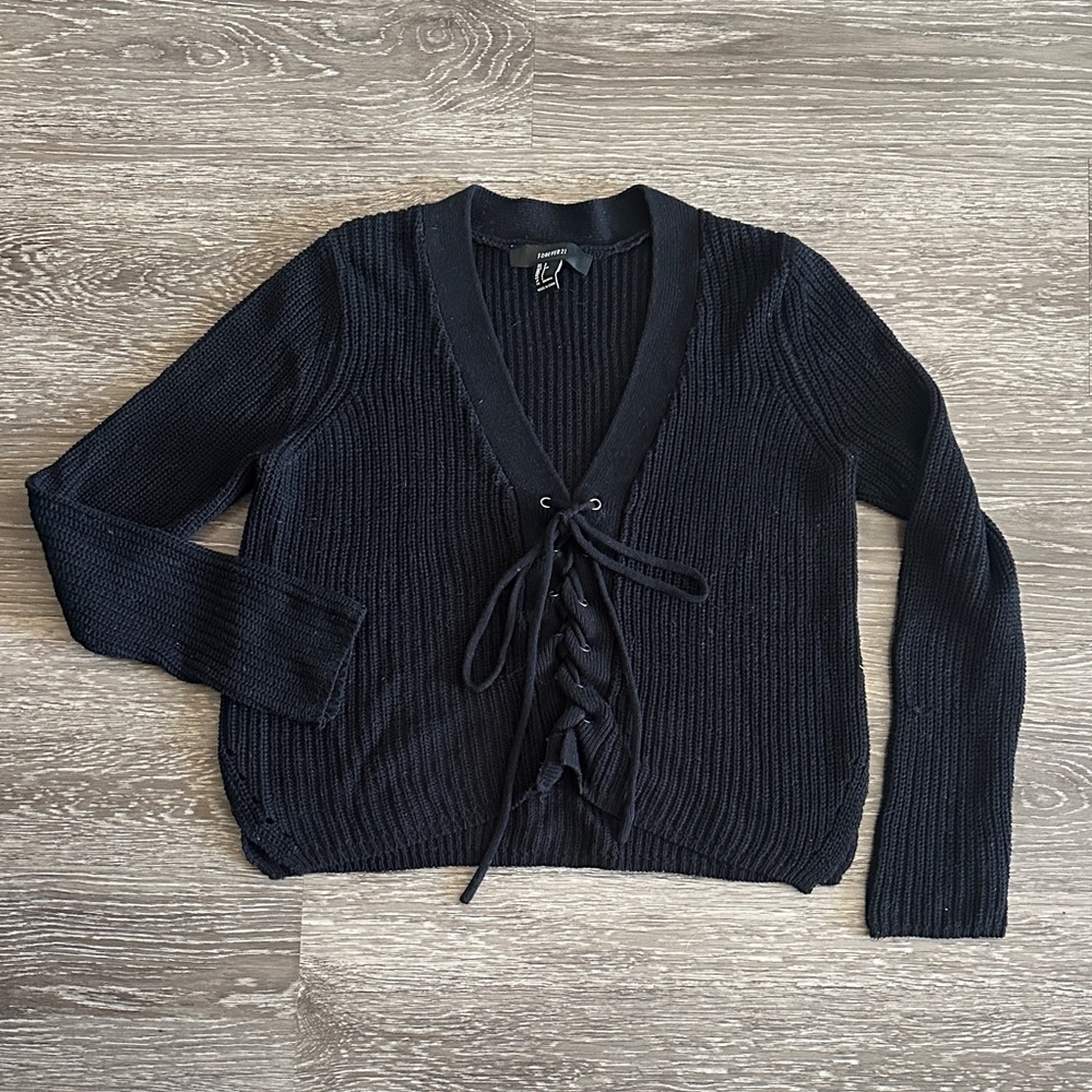 Forever 21 Black V-Neck Lace-Up Sweater